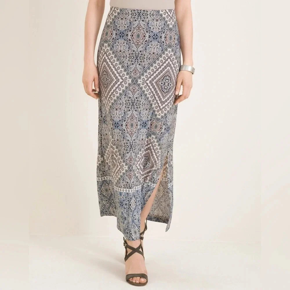 Chico’s Western Abstract Bandana Printed Column Pull On Maxi Shirt